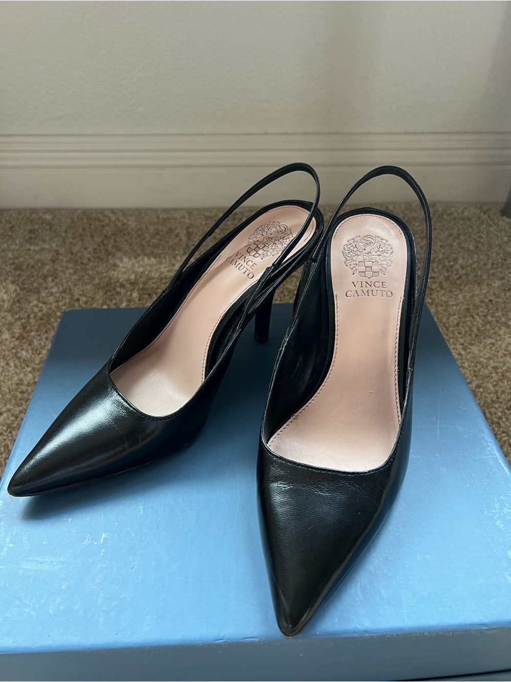 Vince Camuto Black Leather Pointed Toe Slingback Heels